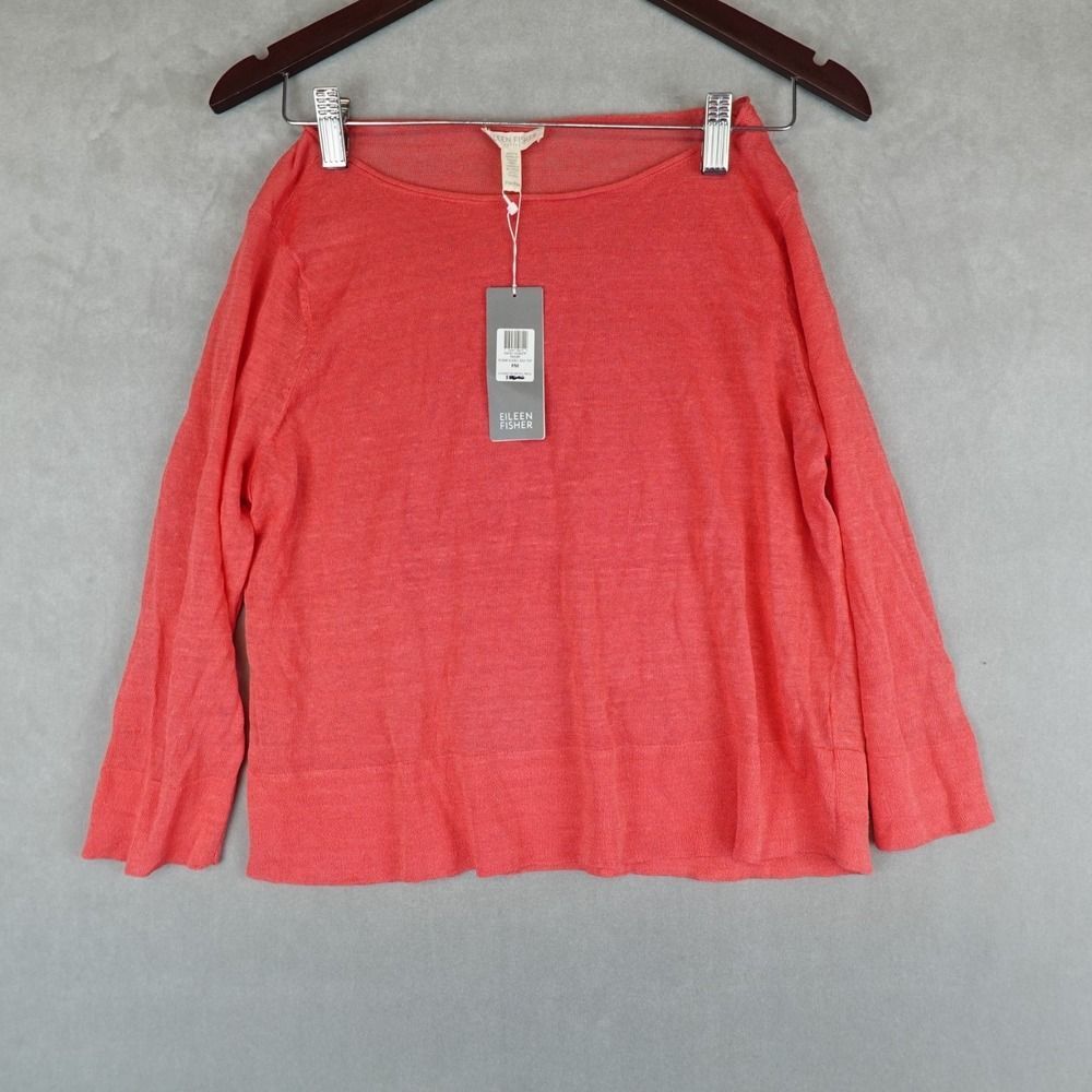 NWT EILEEN FISHER Box Top Linen Round Neck 3/4 Sleeves Sweater Size M Petite